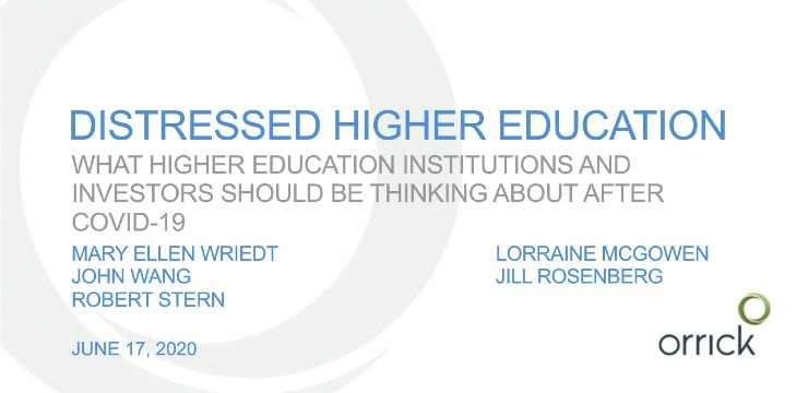 title slide for Distressed Higher Education: What higher education institutions and investors should be thinking about after COVID-19